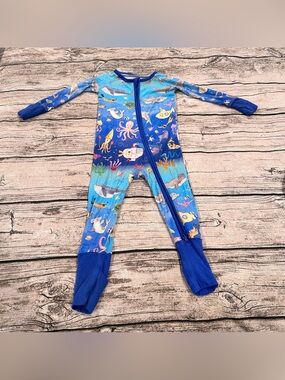 Little Sleepies Blue Ocean Animal Print Unisex Bamboo One-Piece Footie Size 6-12
